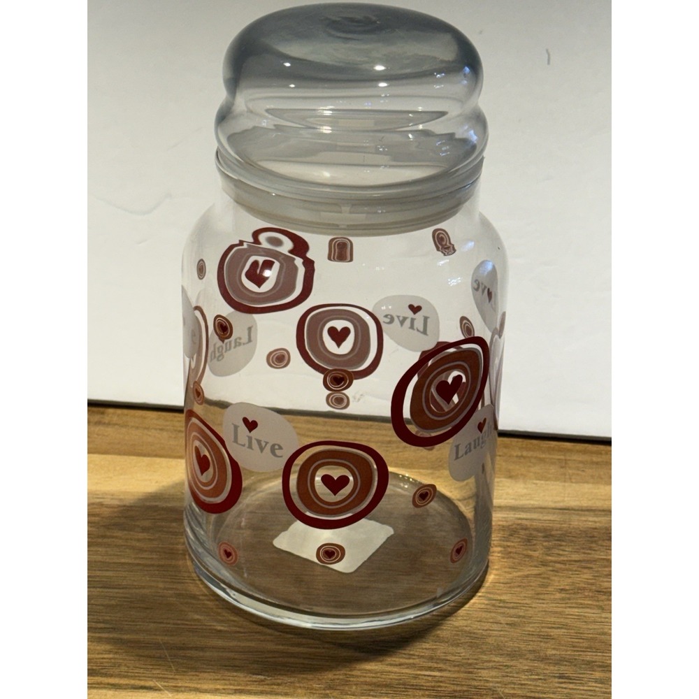 Libbey Glass Valentines Day Glass Candy Jar Live Love‎ Laugh
